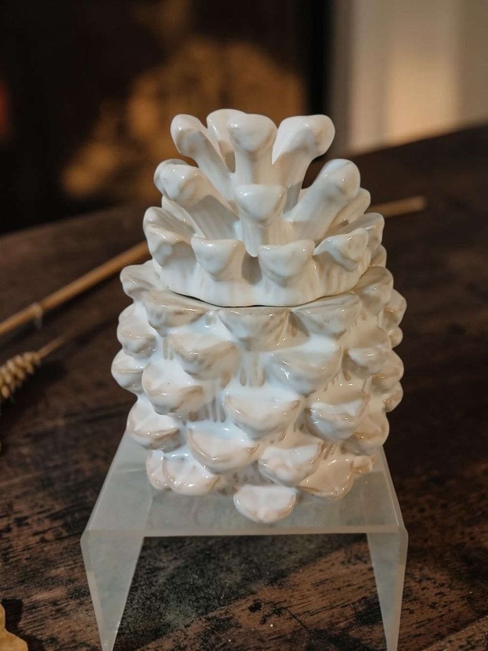White Ceramic Pinecone Decorative Candle- Elegant Home Accent